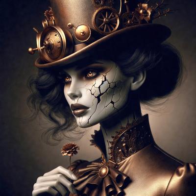 The primary subject of the image is a woman wearing a top hat and a dress. She is holding a flower in her hand. The setting is a dark room, and the visual style is a digital art or illustration. The dominant colors are gold and black, creating a dramatic and mysterious atmosphere.
